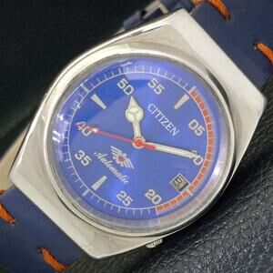 Vintage 1985 Citizen Automatic Mens Silver Watch W/daydate & Blue accents